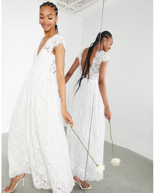 ASOS Alexandra Cap Sleeve V Neck Lace Wedding Dress in White | Lyst  Australia