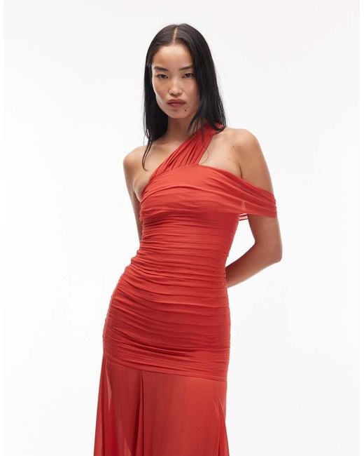 & Other Stories Red Mixed Fabric Maxi Dress With Asymmetric Off Shoulder And Sheer Hem