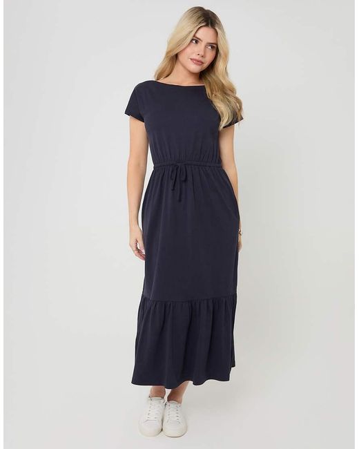 Threadbare Blue Drawstring Waist Boat Neck Cotton Jersey Maxi Dress