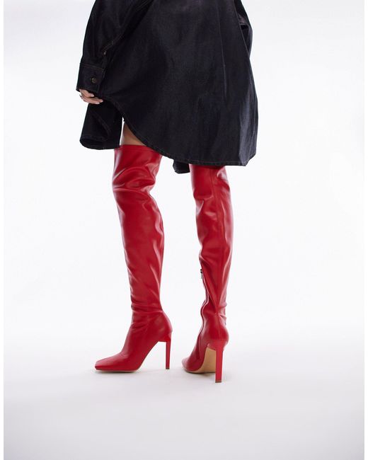 Wide fit - mollie - stivali a calza sopra il ginocchio con tacco a pianta larga rossi di TOPSHOP in Red
