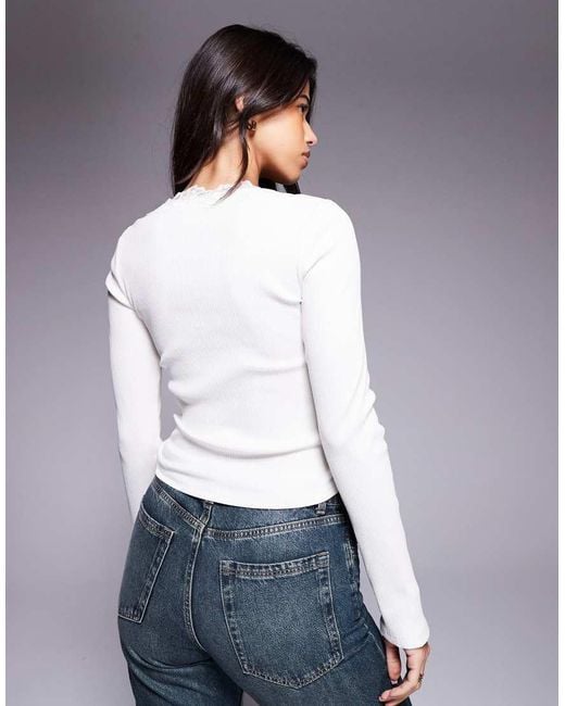 ASOS White Ribbed Round Neck Long Sleeve Top With Lace Trim