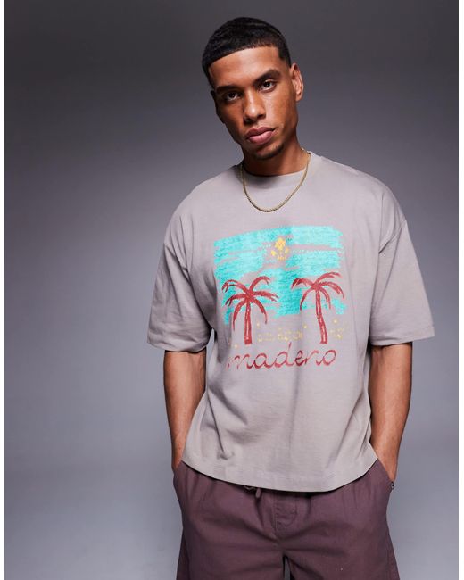ASOS Gray Boxy Oversized T-Shirt With Palm Tree Graphic for men
