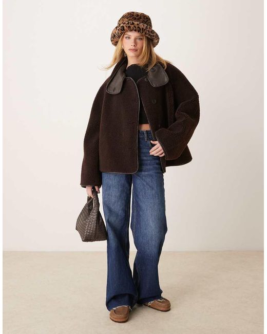 Gina Tricot Blue Oversized Reversible Borg Jacket With High Funnel Neck