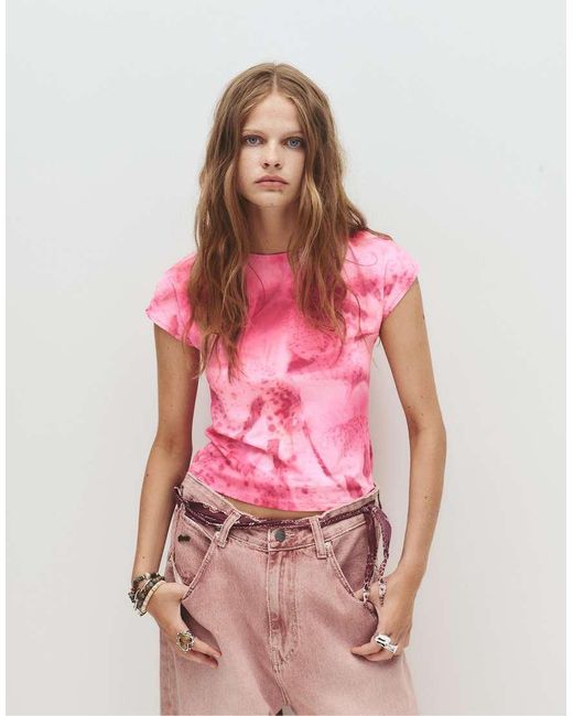 Pull&Bear Pink Floral Print T-shirt