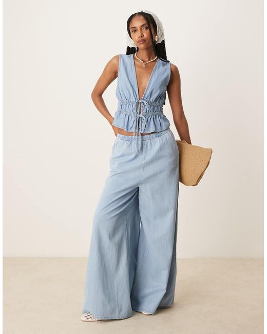 Mango Broek Van Co-Ord Set Met Denim Look En Wijde Pijpen in het Blue