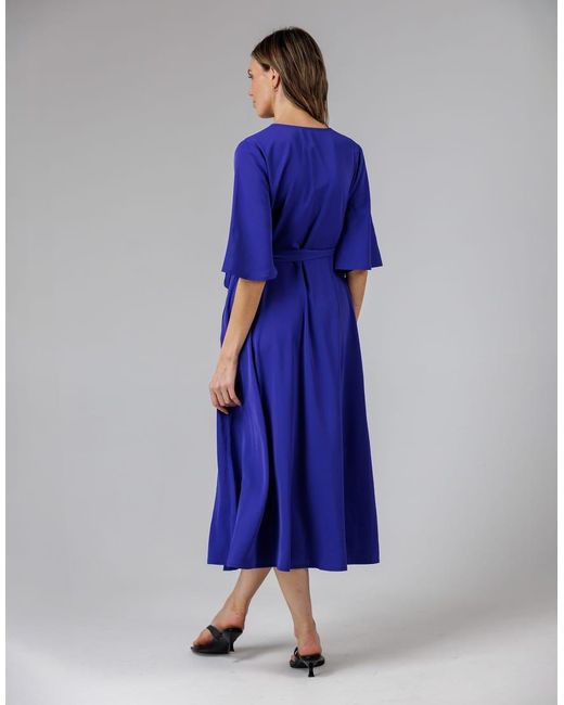 French Connection Blue V- Neck Bell Sleeve Wrap Tie Crepe Midi Dress