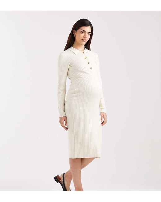 Mama.licious White Mamalicious Maternity Long Sleeve 2 Function Nursing Ribbed Button Front Midi Dress