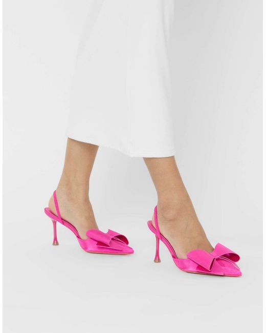 Public Desire Pink Loren Satin Bow Detail Slingback Court Mid Heels