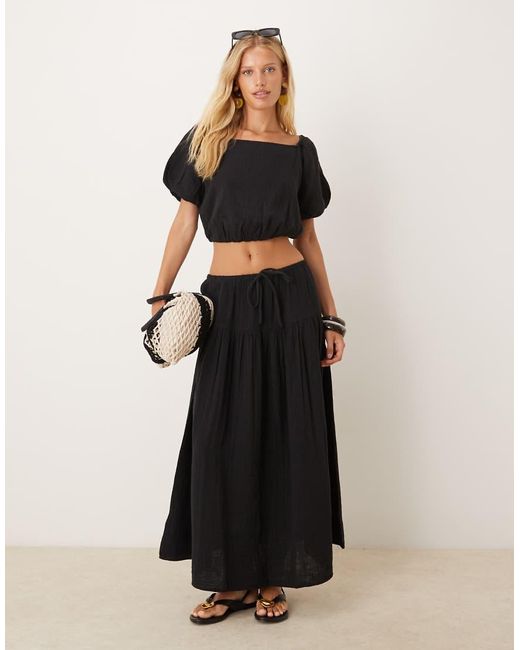 Mango Black Cheesecloth Drawstring Cotton Midi Skirt Co-ord