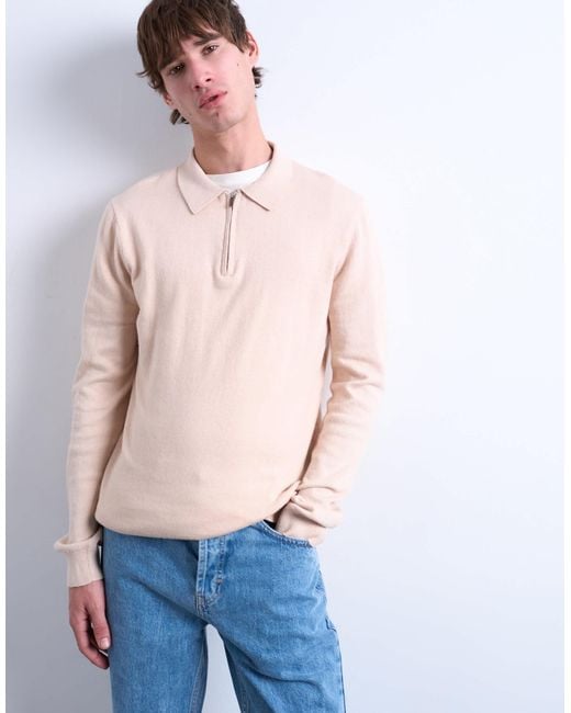 Topman Pink Essential Knitted Zip Polo for men