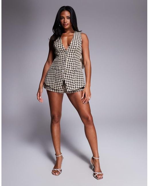 ASOS Bouclé Gilet Met Pied-De-Poule Motief, Versierde Knopen En Strik Aan De Achterkant in het Brown
