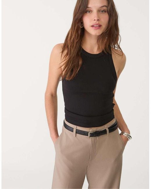Stradivarius Natural Flowing Straight-Leg Smart Trousers With Belt