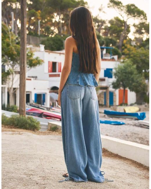 Bershka Blue High-waist Barrel Jeans With Ties