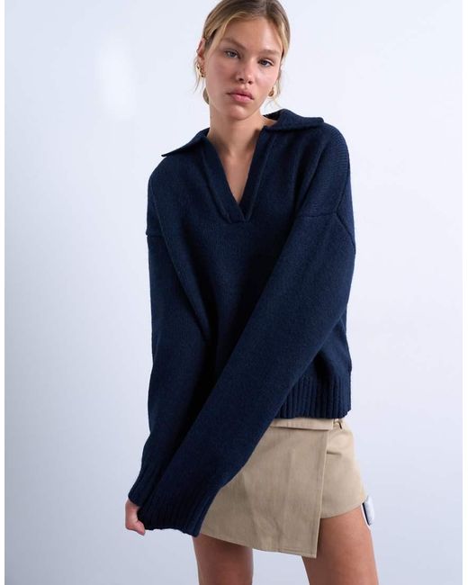 TOPSHOP Gebreide Trui Met V-Hals En Kraagje in het Blue