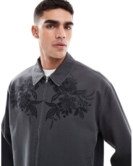 ASOS Gray Boxy Harrington Jacket With Chest Embroidery for men