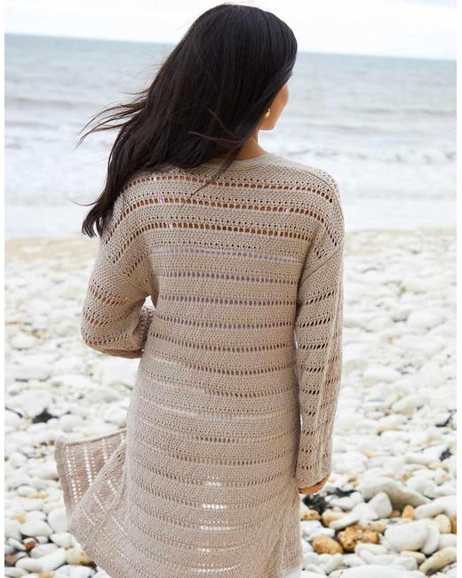 Threadbare Natural Longline Crochet Pointelle Knit Cardigan