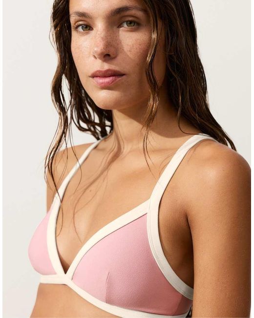 Oysho Brown Contrast Trim Triangle Bikini Top