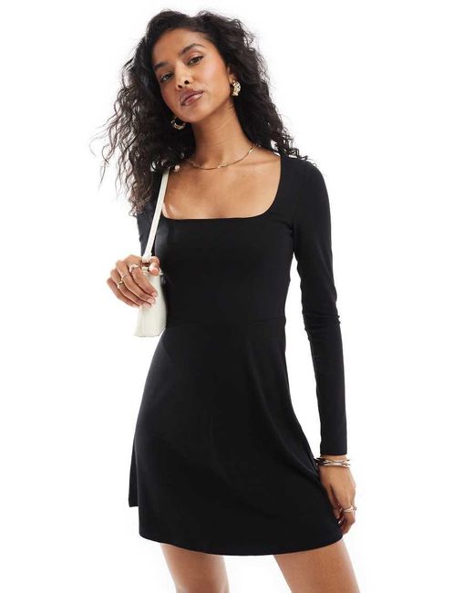 Miss Selfridge Black Long Sleeve Square Neck Fit And Flare Mini Dress