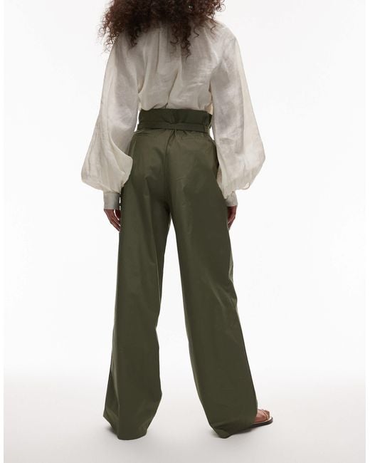 Mango Green Cotton Wide Leg Pleat Front Trouser With Belted Waist