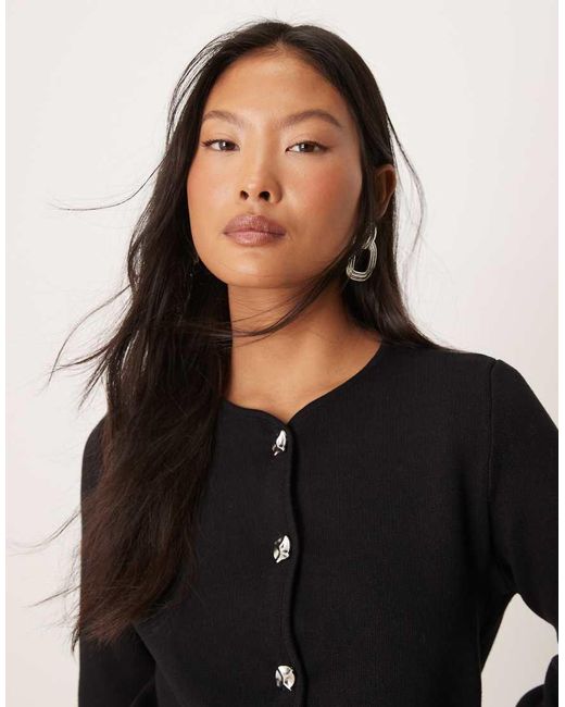 Vila Black Ribbed Cardigan With Hammered Silver Buttons
