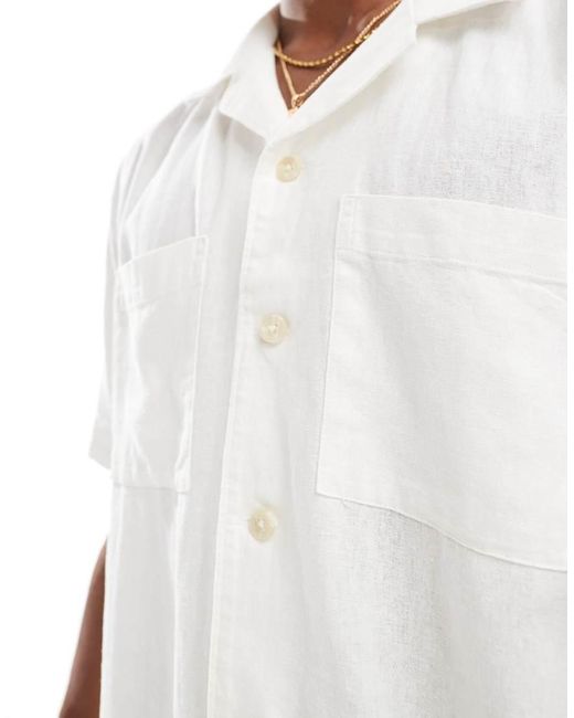Camicia Squadrata Effetto Lino Bianco Sporco Con Doppia Tasca di New Look in Natural da Uomo