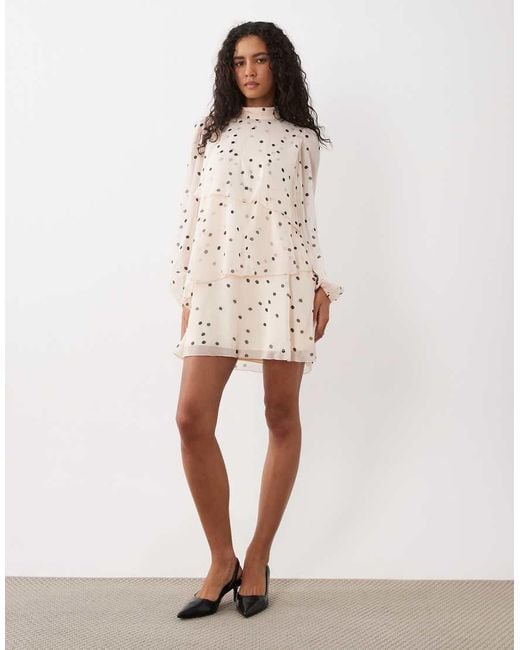 Mango Natural High Neck Ruffle Long Sleeve Mini Dress