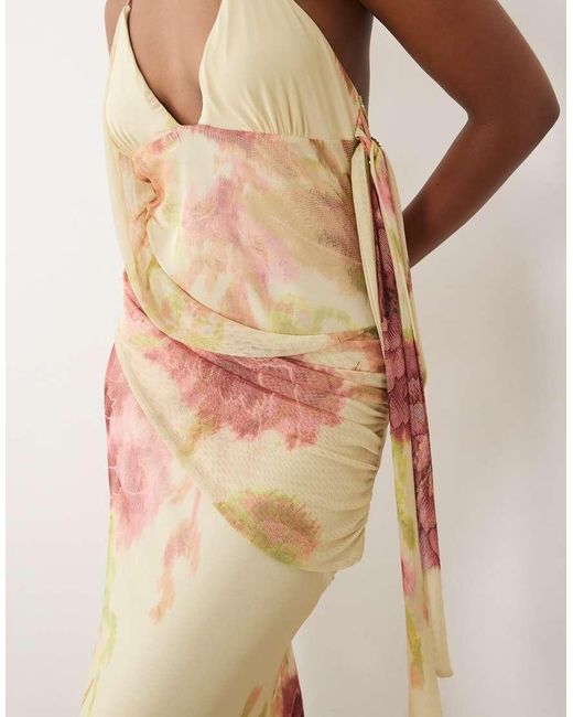 ASOS Natural Draped Sash Floral Mesh Maxi Dress With Tie Side Fallen Bow Strap