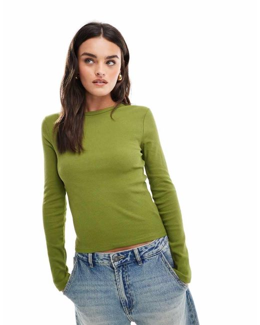 Stradivarius Green Ribbed Round Neck Long Sleeve Top