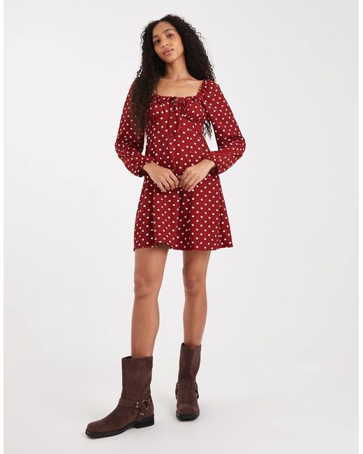 New Look Red Polka Dot Long Sleeve Milkmaid Mini Dress