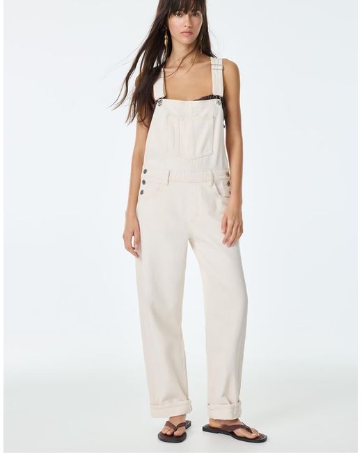 Pull&Bear White Long Denim Dungarees