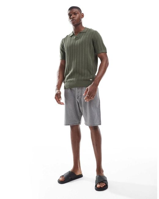 Threadbare Green Textured Knit Polo Top for men