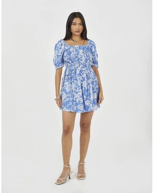Brave Soul Blue Smocked Short Sleeve Mini Dress