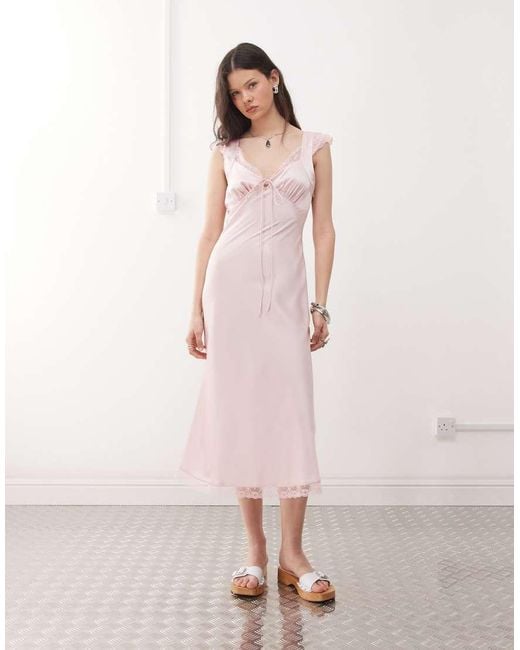 Reclaimed Vintage Pink Midi Tea Dress With Lace Inserts