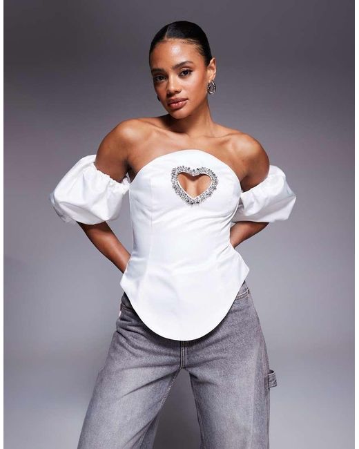 ASOS Gray Puff Sleeve Embellished Heart Cut Out Top