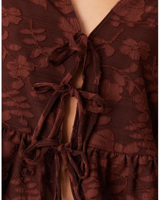 Miss Selfridge Brown Lace Puff Sleeve Tie Front Top