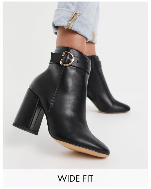 London Rebel Black Wide Fit Block Heel Ankle Boots With Gold Trim