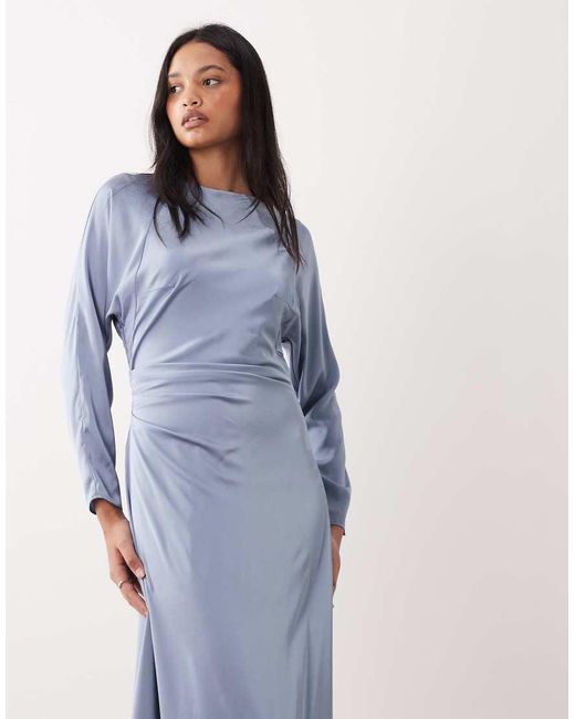 TFNC London Blue Bridesmaids Long Sleeve Satin Maxi Dress