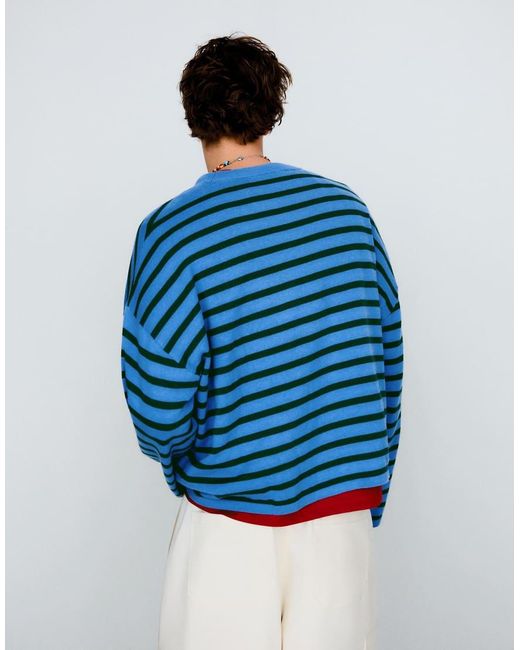 Bershka Blue Embroidered Striped Boxy Fit Jumper for men