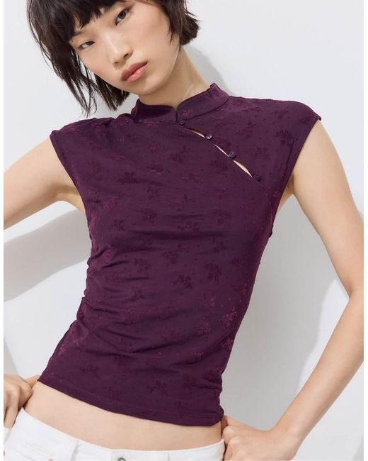 Stradivarius White Flocked Qipao Style T-shirt