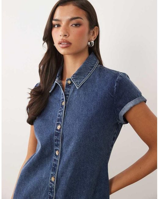 GOOD AMERICAN Blue Button Through Mini Dress With Turn-Up Sleeves