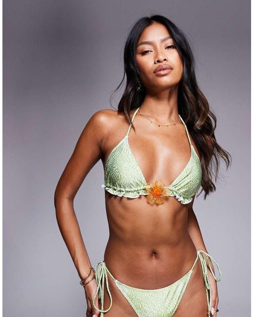 South Beach Green Triangle Bikini Top With Yellow Flower Detail