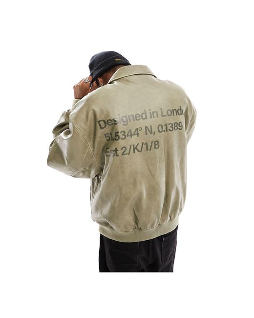Collusion Green Branded Faux Leather Varsity Bomber Jacket for men