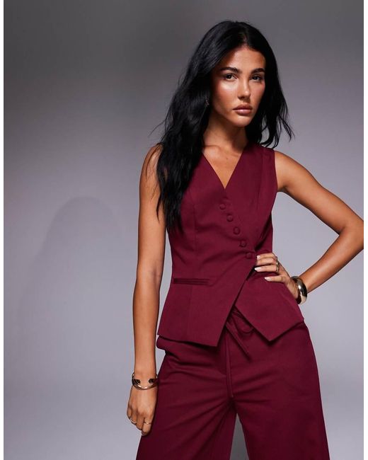 Kaiia Red Exclusive Asymmetric Button Front Sleeveless Waistcoat Top Co-ord