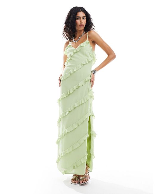 Pretty Lavish Green Asymmetric Cami Ruffle Midaxi Dress