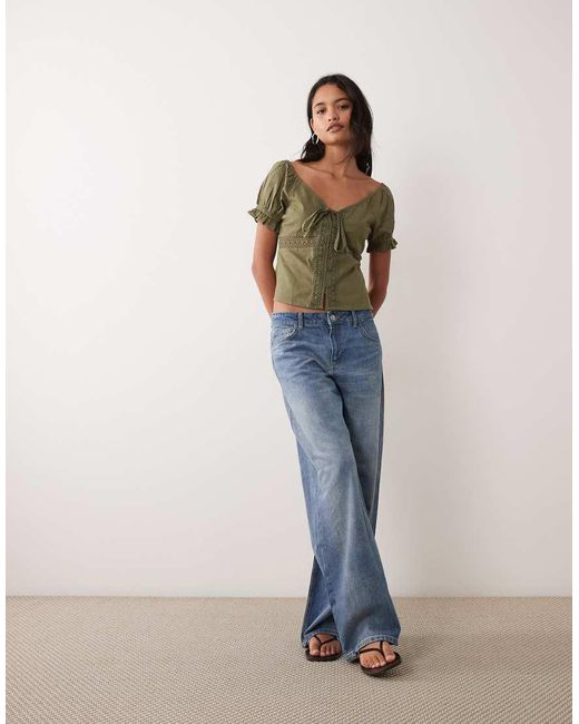 Wednesday's Girl Green Short Sleeve Floaty Lace Detailed Blouse