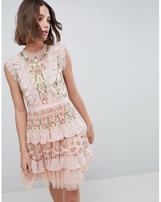 Needle & Thread Pink High Neck Layered Mini Dress With Embroidery
