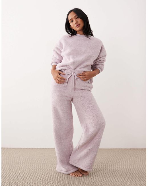 ASOS Pink Asos Design Petite Lounge Cuddle Crew Neck Sweat & Wide Leg Trouser Set