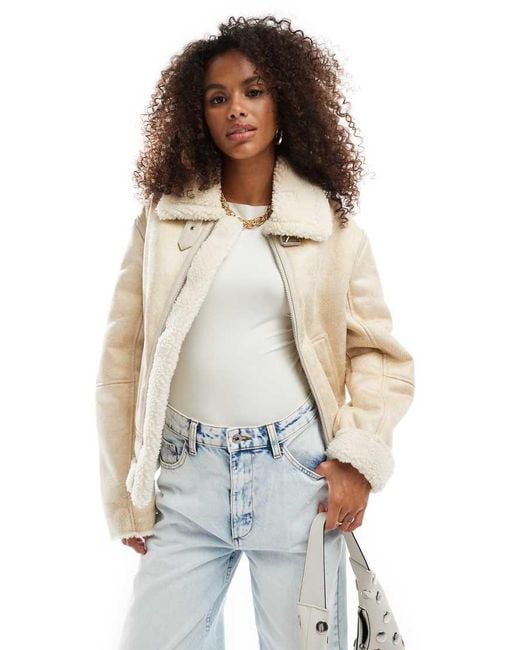 Bershka Shearling Trim Aviator Jacket in White Lyst UK