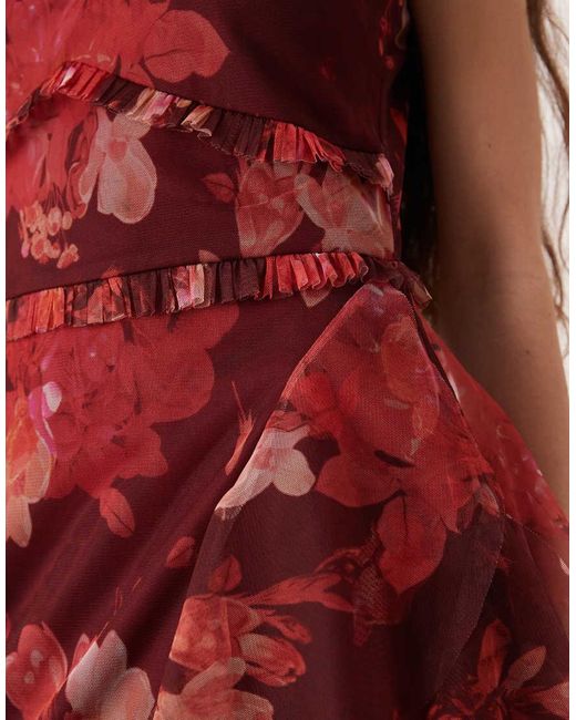 LACE & BEADS Red Halter Neck Ruffle Maxi Dress
