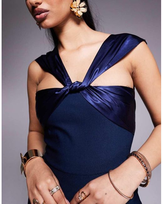 Vesper Blue Halter Neck Maxi Dress With Satin Straps And Thigh Split